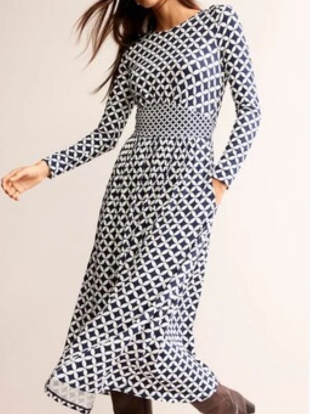 Like New Boden Thea Long Sleeve Midi Dress Navy White Size 6